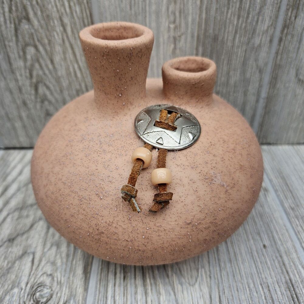 American‎ Southwest Pottery Double Spout Vase 1992 TP Signed Vintage Pink Sand
